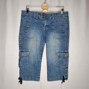 LEI Cargo Capri Jeans Womens Jrs 13 Blue Square Pocket Vtg 90s Y2K Grunge *Stain